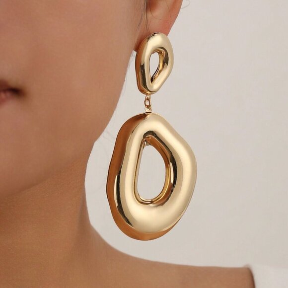 Silver OR Gold women's Lightweight Geometric Oval Chunky Drop Earrings - Picture 6 of 7